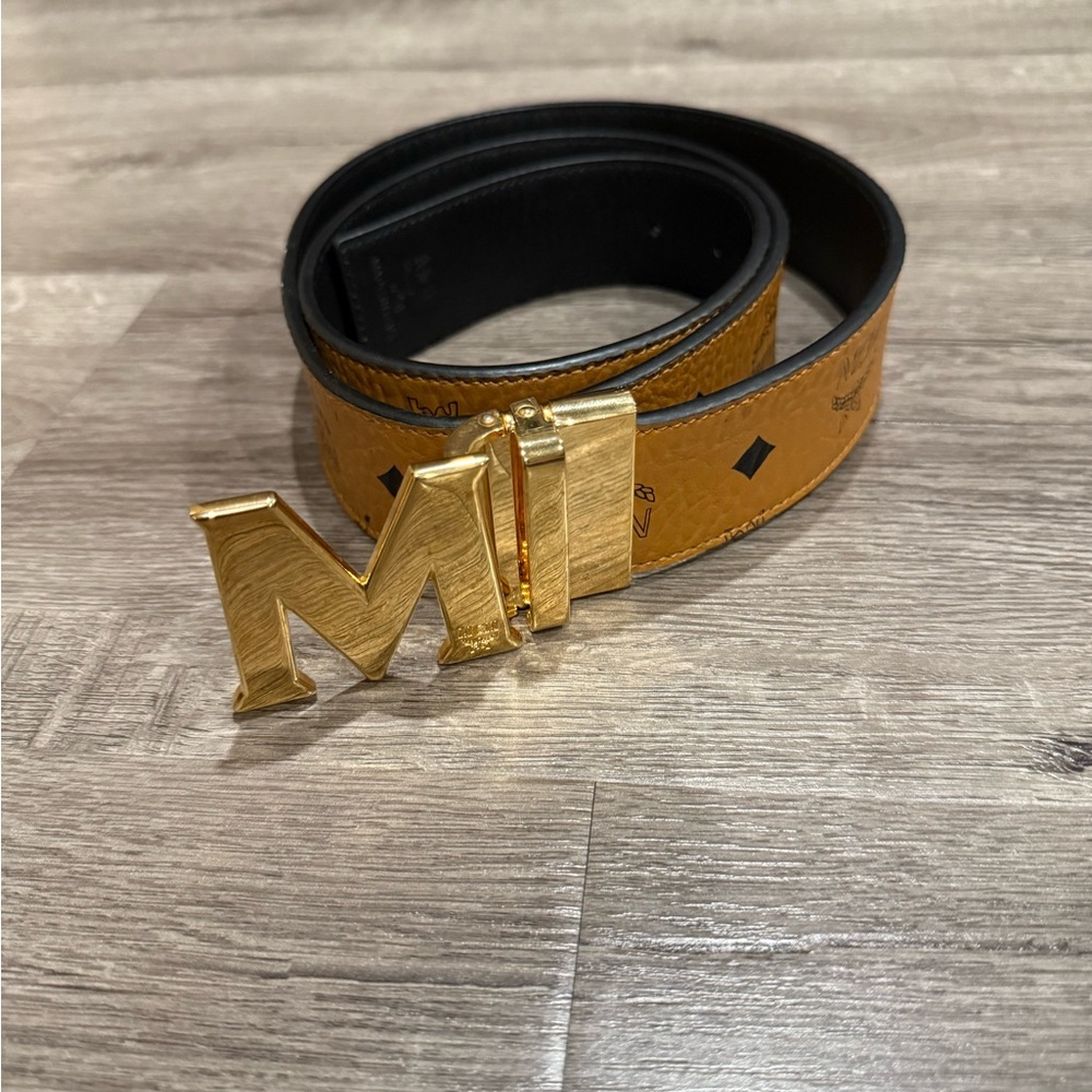 MCM tan belt with gold buckle